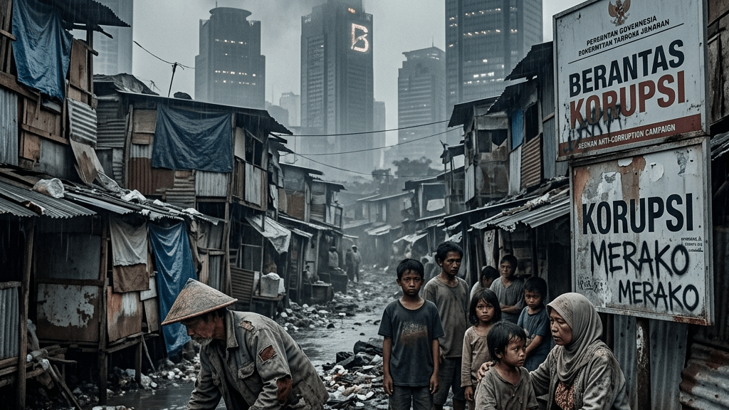 People in a muddy slum with rundown houses and anti-corruption signs near modern city skyscrapers