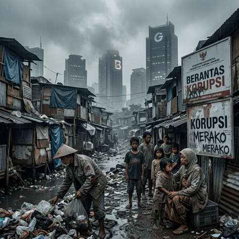People in a muddy slum with rundown houses and anti-corruption signs near modern city skyscrapers