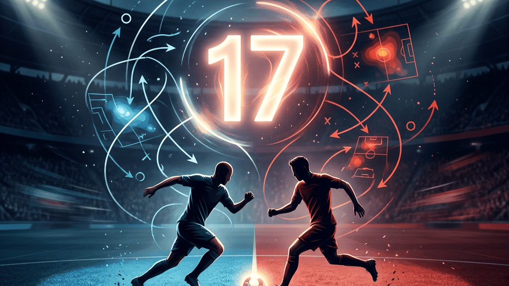 Two footballers competing on a stadium field beneath glowing number 17