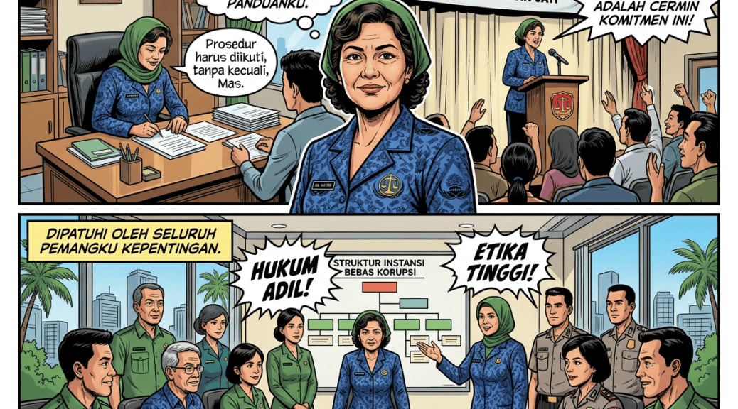 Komik bertuliskan Di Balik Meja Birokrasi, standar keadilan dan etika adalah panduanku, prosedur harus diikuti tanpa kecuali, Mas, Forum Aspirasi Publik Kecamatan Jati, perkataan dan tindakan saya adalah cermin komitmen, dipatuhi oleh seluruh pemangku kepentingan, hukum adil, struktur instansi bebas korupsi, dan etika tinggi.