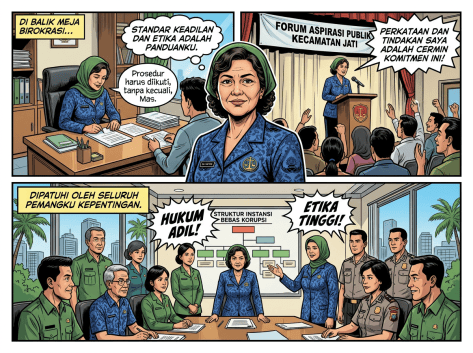 Komik bertuliskan Di Balik Meja Birokrasi, standar keadilan dan etika adalah panduanku, prosedur harus diikuti tanpa kecuali, Mas, Forum Aspirasi Publik Kecamatan Jati, perkataan dan tindakan saya adalah cermin komitmen, dipatuhi oleh seluruh pemangku kepentingan, hukum adil, struktur instansi bebas korupsi, dan etika tinggi.
