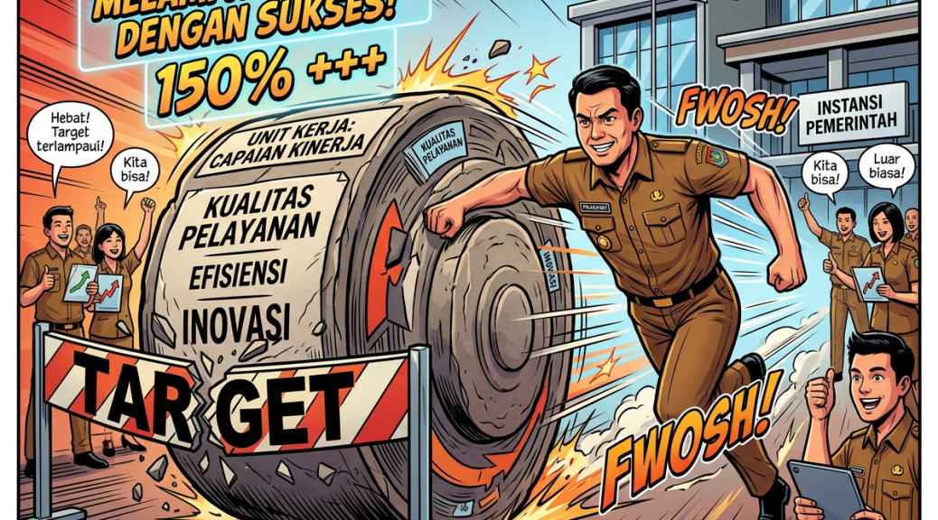 Comic showing Indonesian officials pushing a target wheel toward 150% success