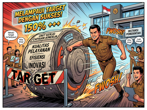 Comic showing Indonesian officials pushing a target wheel toward 150% success