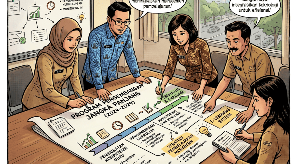 Lima pendidik membahas Program Pengembangan Jangka Panjang 2024–2029; teks utama mencakup peningkatan kompetensi guru, pengembangan kurikulum, monitoring dan evaluasi, strategi pembelajaran modern, serta e-learning system.
