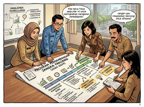 Lima pendidik membahas Program Pengembangan Jangka Panjang 2024–2029; teks utama mencakup peningkatan kompetensi guru, pengembangan kurikulum, monitoring dan evaluasi, strategi pembelajaran modern, serta e-learning system.