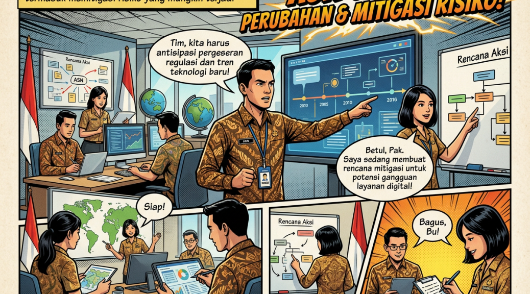 Komik bertuliskan “ASN SIAP HADAPI PERUBAHAN & MITIGASI RISIKO!” dan “ASN memiliki perilaku yang dapat mengarahkan unit kerja untuk lebih siap dalam menghadapi perubahan termasuk memitigasi risiko yang mungkin terjadi”. Beberapa ASN berdiskusi di ruang kerja dengan komputer, grafik, peta dunia, dan papan “Rencana Aksi”. Dialognya berbunyi “Tim, kita harus antisipasi pergeseran regulasi dan tren teknologi baru!”, “Saya sedang membuat rencana mitigasi untuk potensi gangguan layanan digital!”, “Siap!”, dan “Bagus, Bu!”. Teks penutup: “KOMIK EDUKASI ASN BERANI BERUBAH, CEGAH RISIKO!” serta “BERANI BERUBAH, CEGAH RISIKO!”