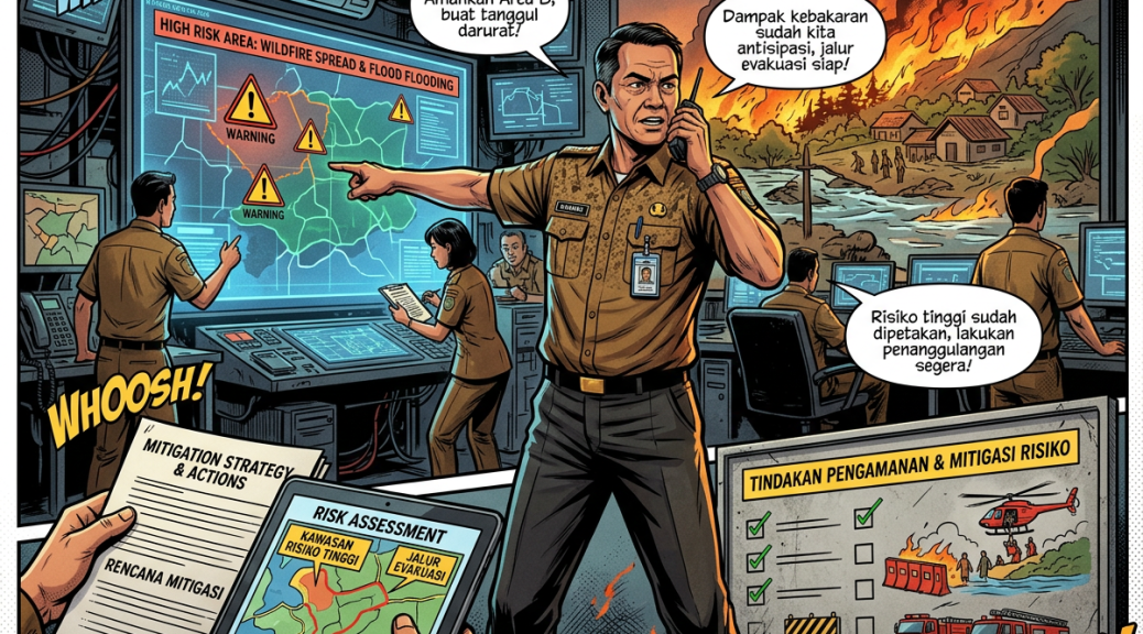 Emergency team monitoring wildfire and flood risks, evacuation routes, and mitigation actions