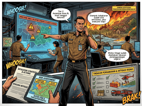Emergency team monitoring wildfire and flood risks, evacuation routes, and mitigation actions